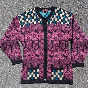 Vintage 1990s Wool Past Times Checkered Geometric Roses Cardigan Sweater L Retro